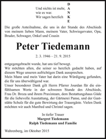 Traueranzeige von Peter Tiedemann  von Magdeburger Volksstimme