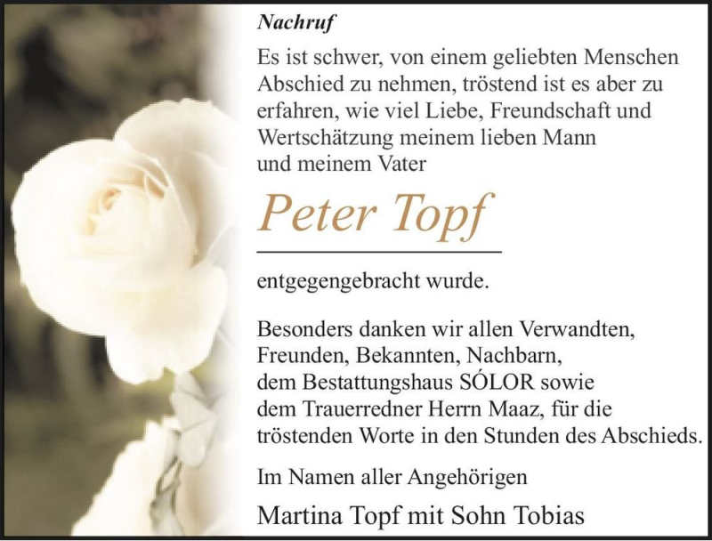  Traueranzeige für Peter Topf  vom 14.11.2020 aus Magdeburger Volksstimme