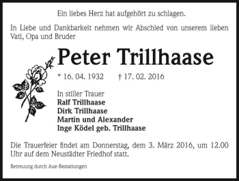 Traueranzeige von Peter Trillhaase  von Magdeburger Volksstimme