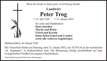Traueranzeige von Peter Trog  von Magdeburger Volksstimme