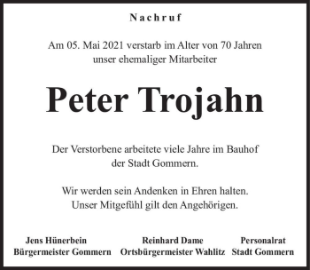 Traueranzeige von Peter Trojahn  von Magdeburger Volksstimme