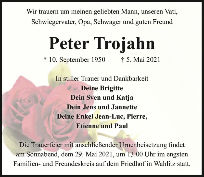  Traueranzeige für Peter Trojahn  vom 15.05.2021 aus Magdeburger Volksstimme