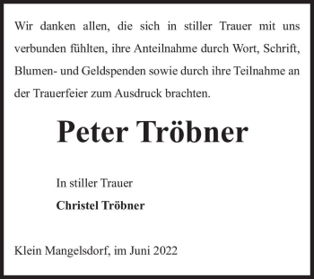 Traueranzeige von Peter Tröbner  von Magdeburger Volksstimme