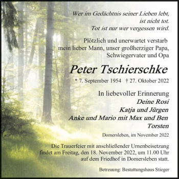 Traueranzeige von Peter Tschierschke  von Magdeburger Volksstimme