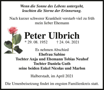Traueranzeige von Peter Ulbrich  von Magdeburger Volksstimme