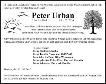 Traueranzeige von Peter Urban  von Magdeburger Volksstimme