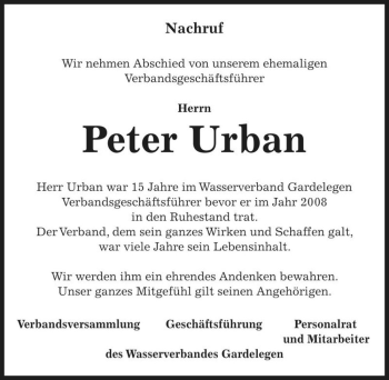 Traueranzeige von Peter Urban  von Magdeburger Volksstimme
