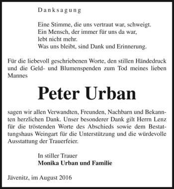 Traueranzeige von Peter Urban  von Magdeburger Volksstimme