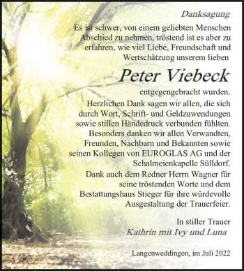 Traueranzeige von Peter Viebeck  von Magdeburger Volksstimme