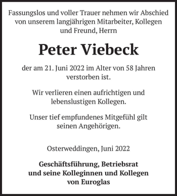 Traueranzeige von Peter Viebeck  von Magdeburger Volksstimme
