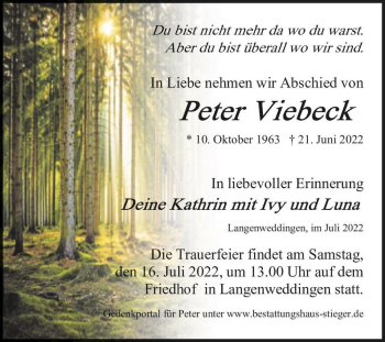 Traueranzeige von Peter Viebeck  von Magdeburger Volksstimme