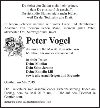 Traueranzeige von Peter Vogel  von Magdeburger Volksstimme