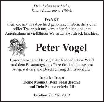 Traueranzeige von Peter Vogel  von Magdeburger Volksstimme
