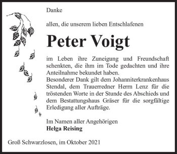 Traueranzeige von Peter Voigt  von Magdeburger Volksstimme