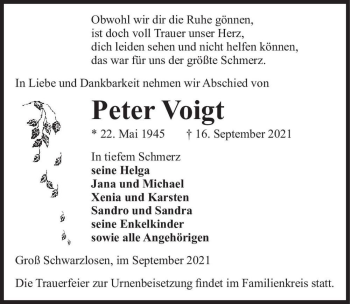 Traueranzeige von Peter Voigt  von Magdeburger Volksstimme