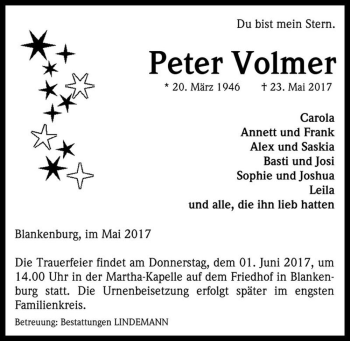 Traueranzeige von Peter Volmer  von Magdeburger Volksstimme