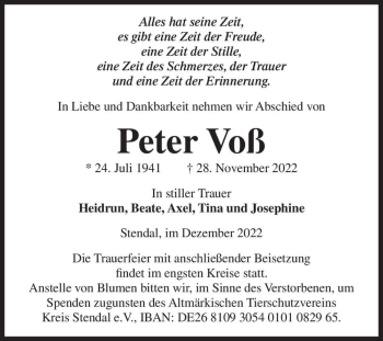 Traueranzeige von Peter Voß  von Magdeburger Volksstimme
