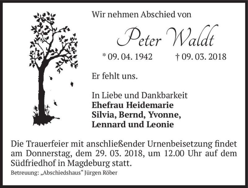  Traueranzeige für Peter Waldt  vom 24.03.2018 aus Magdeburger Volksstimme
