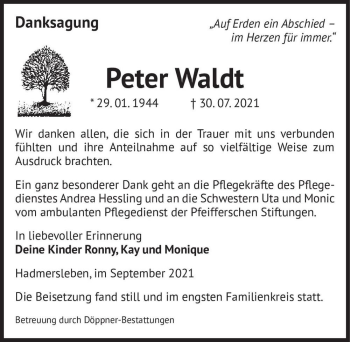 Traueranzeige von Peter Waldt  von Magdeburger Volksstimme
