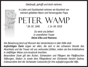 Traueranzeige von Peter Wamp  von Magdeburger Volksstimme