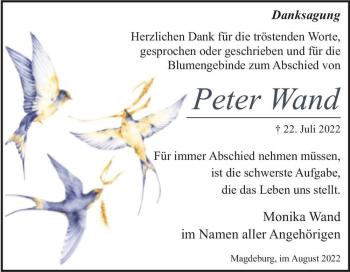 Traueranzeige von Peter Wand  von Magdeburger Volksstimme