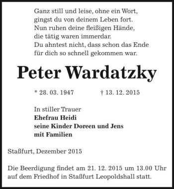 Traueranzeige von Peter Wardatzky  von Magdeburger Volksstimme