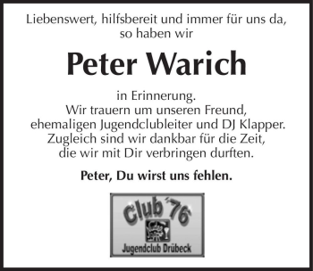 Traueranzeige von Peter Warich  von Magdeburger Volksstimme