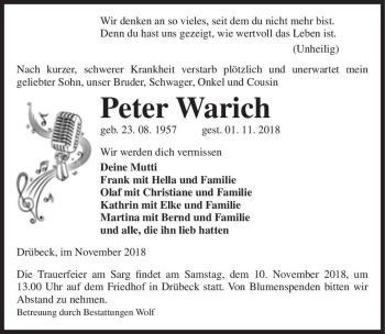 Traueranzeige von Peter Warich  von Magdeburger Volksstimme