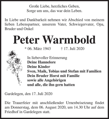Traueranzeige von Peter Warmbold  von Magdeburger Volksstimme