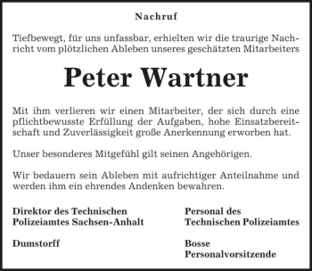 Traueranzeige von Peter Wartner  von Magdeburger Volksstimme