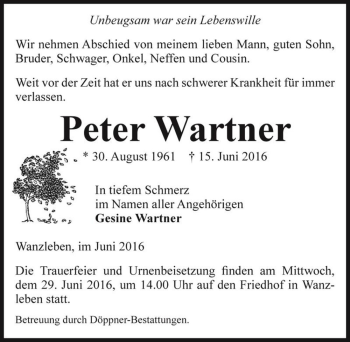 Traueranzeige von Peter Wartner  von Magdeburger Volksstimme