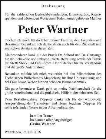 Traueranzeige von Peter Wartner  von Magdeburger Volksstimme