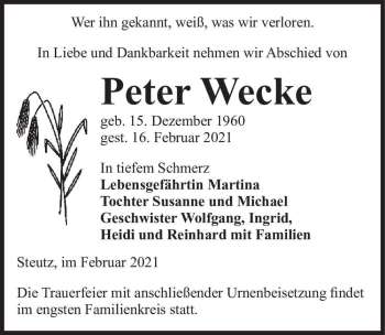 Traueranzeige von Peter Wecker  von Magdeburger Volksstimme