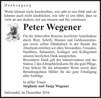 Traueranzeige von Peter Wegener  von Magdeburger Volksstimme