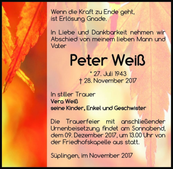 Traueranzeige von Peter Weiß  von Magdeburger Volksstimme