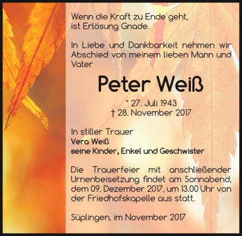 Traueranzeige von Peter Weiß  von Magdeburger Volksstimme