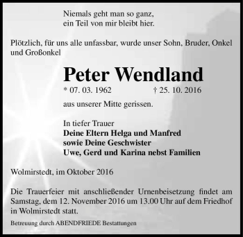 Traueranzeige von Peter Wendland  von Magdeburger Volksstimme