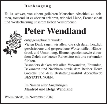 Traueranzeige von Peter Wendland  von Magdeburger Volksstimme