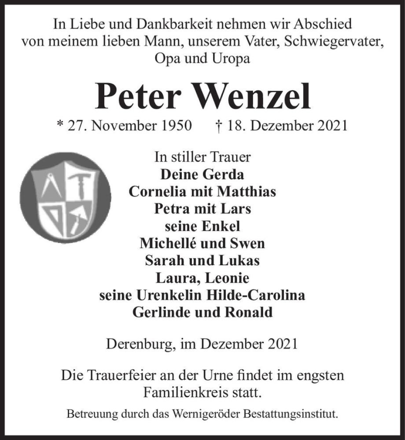  Traueranzeige für Peter Wenzel  vom 27.12.2021 aus Magdeburger Volksstimme