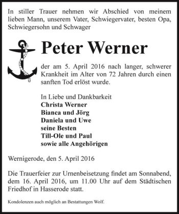 Traueranzeige von Peter Werner  von Magdeburger Volksstimme