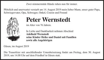 Traueranzeige von Peter Wernstedt  von Magdeburger Volksstimme