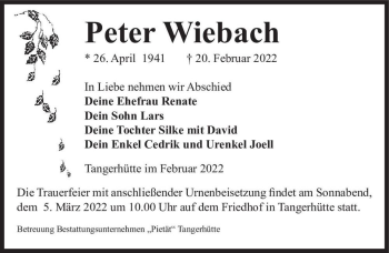 Traueranzeige von Peter Wiebach  von Magdeburger Volksstimme