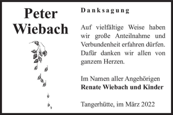 Traueranzeige von Peter Wiebach  von Magdeburger Volksstimme