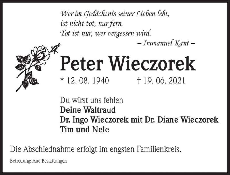 Traueranzeige für Peter Wieczorek  vom 26.06.2021 aus Magdeburger Volksstimme