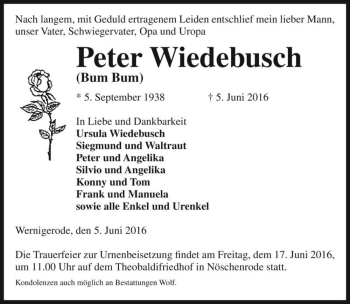 Traueranzeige von Peter Wiedebusch (Bum Bum)  von Magdeburger Volksstimme