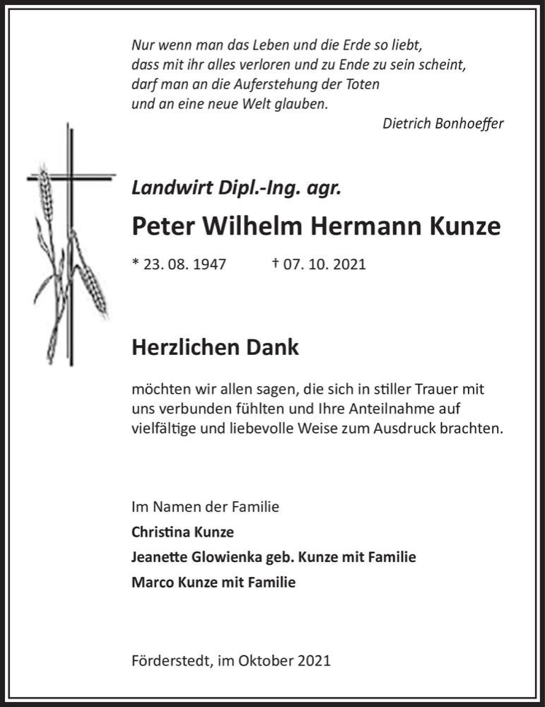  Traueranzeige für Peter Wilhelm Hermann Kunze  vom 06.11.2021 aus Magdeburger Volksstimme
