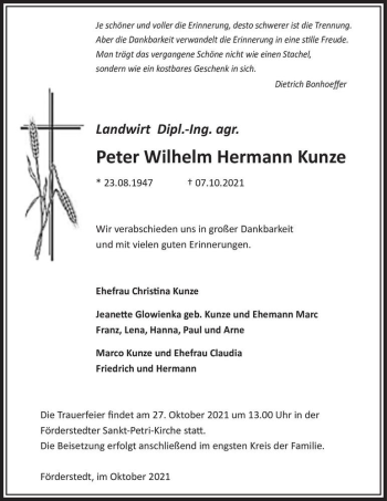 Traueranzeige von Peter Wilhelm Hermann Kunze  von Magdeburger Volksstimme