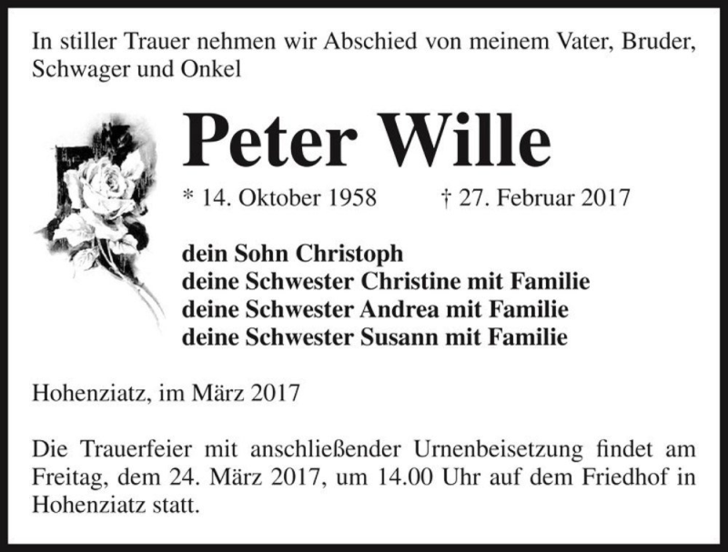  Traueranzeige für Peter Wille  vom 18.03.2017 aus Magdeburger Volksstimme