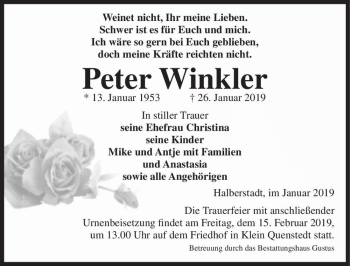 Traueranzeige von Peter Winkler  von Magdeburger Volksstimme