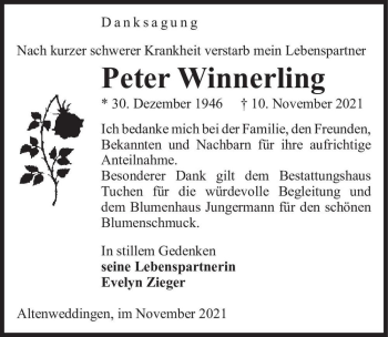 Traueranzeige von Peter Winnerling  von Magdeburger Volksstimme